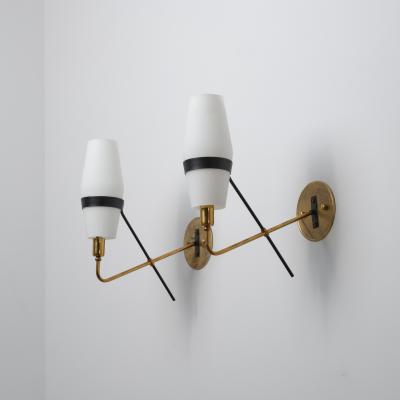 1950s Italian Stilnovo Brass and Opaline Glass Wall Sconces