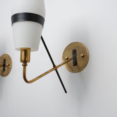 1950s Italian Stilnovo Brass and Opaline Glass Wall Sconces
