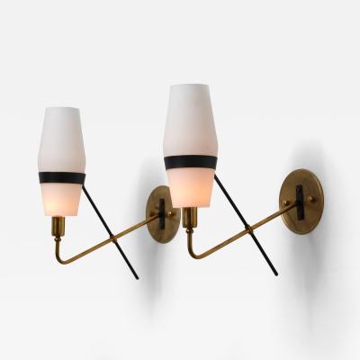1950s Italian Stilnovo Brass and Opaline Glass Wall Sconces