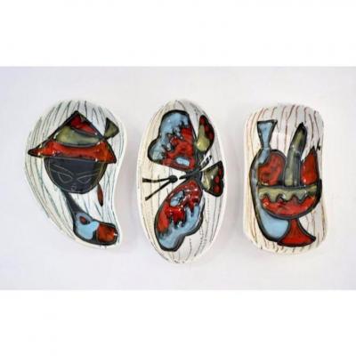 1950s Italian Vintage Red Light Blue Black White Porcelain Trinket Dishes Trays