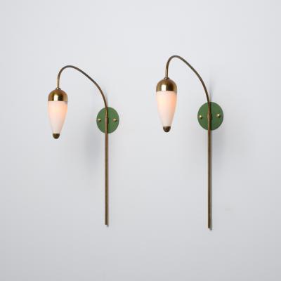 1950s Italian Wall Sconces in Brass Green Lacquered Brass and Opaline Glass