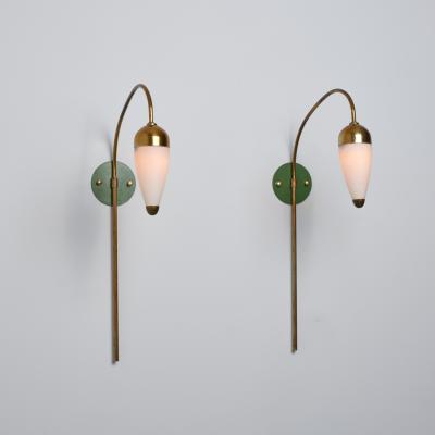 1950s Italian Wall Sconces in Brass Green Lacquered Brass and Opaline Glass