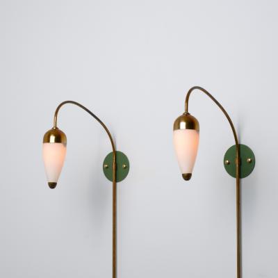 1950s Italian Wall Sconces in Brass Green Lacquered Brass and Opaline Glass