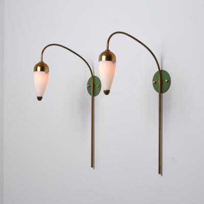 1950s Italian Wall Sconces in Brass Green Lacquered Brass and Opaline Glass
