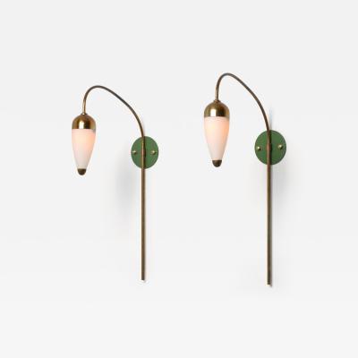 1950s Italian Wall Sconces in Brass Green Lacquered Brass and Opaline Glass