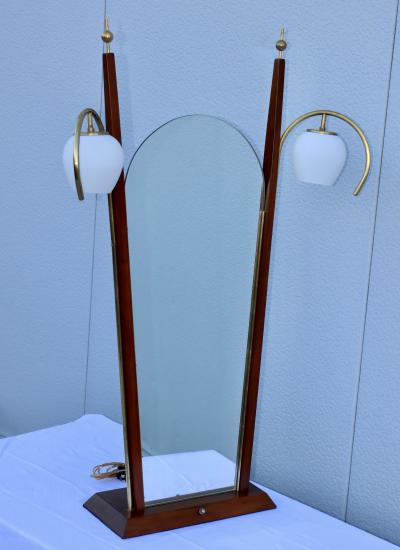 1950s Italian Walnut And Brass Vanity Mirror With Lights
