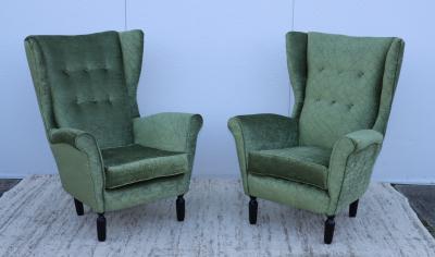 1950s Italian Wing back Lounge Chairs In Velvet Fabric