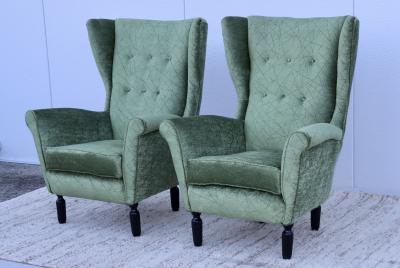 1950s Italian Wing back Lounge Chairs In Velvet Fabric