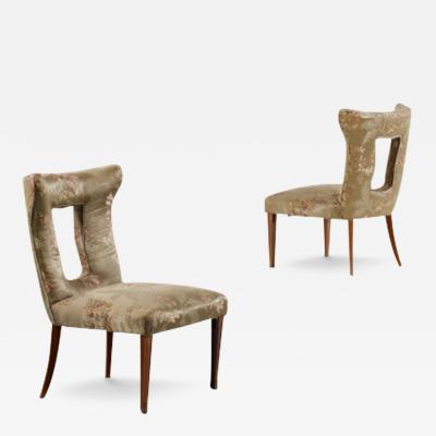 1950s Italian pair of padded silk upholstered side chairs