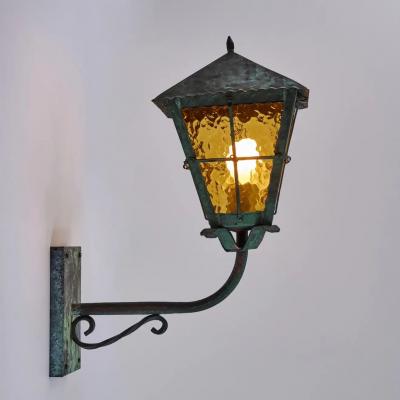 1950s Large Scandinavian Outdoor Wall Light in Patinated Copper and Amber Glass