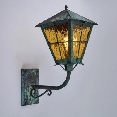 1950s Large Scandinavian Outdoor Wall Light in Patinated Copper and Amber Glass