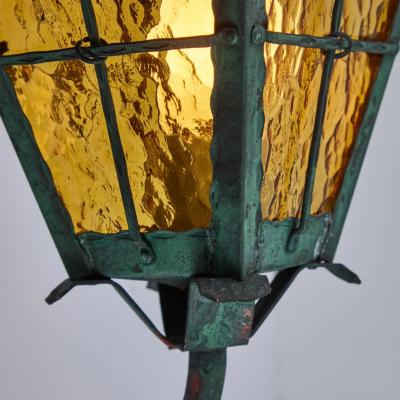 1950s Large Scandinavian Outdoor Wall Light in Patinated Copper and Amber Glass