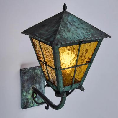 1950s Large Scandinavian Outdoor Wall Light in Patinated Copper and Amber Glass