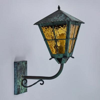 1950s Large Scandinavian Outdoor Wall Light in Patinated Copper and Amber Glass