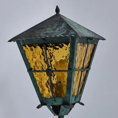 1950s Large Scandinavian Outdoor Wall Light in Patinated Copper and Amber Glass