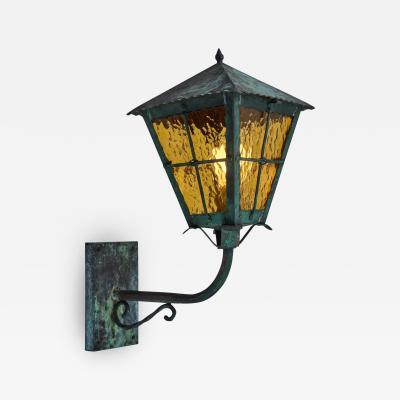 1950s Large Scandinavian Outdoor Wall Light in Patinated Copper and Amber Glass