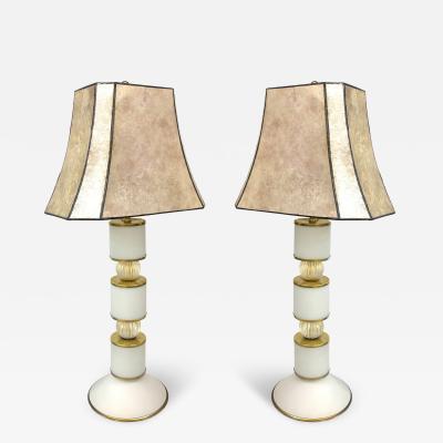 1950s Mid Century Italian Pair Tall White Gold Murano Glass Lamps Mica Shades