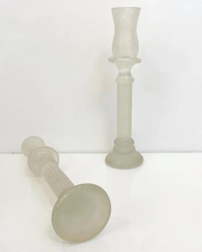 1950s Mid Century Modern Italian White Grey Scavo Murano Glass Pair Candlesticks