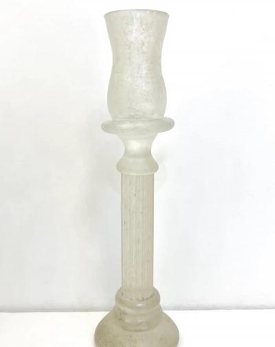 1950s Mid Century Modern Italian White Grey Scavo Murano Glass Pair Candlesticks