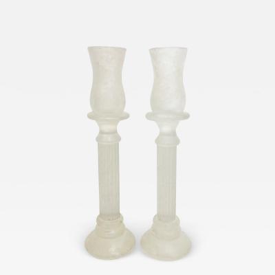 1950s Mid Century Modern Italian White Grey Scavo Murano Glass Pair Candlesticks