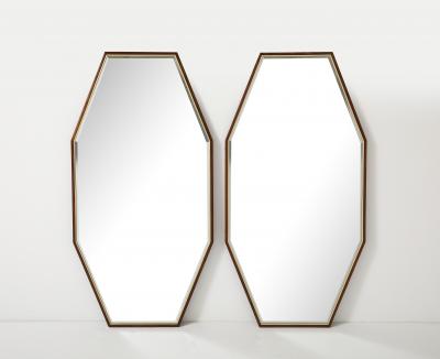 1950s Mid Century Modern Large Octagonal Walnut And Brass Wall Mirrors