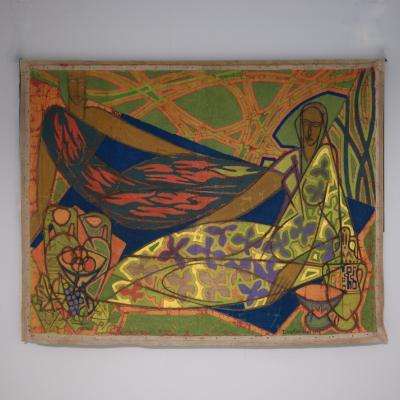 1950s Painted Textile Wall Hanging by Michel Timoleonthos France