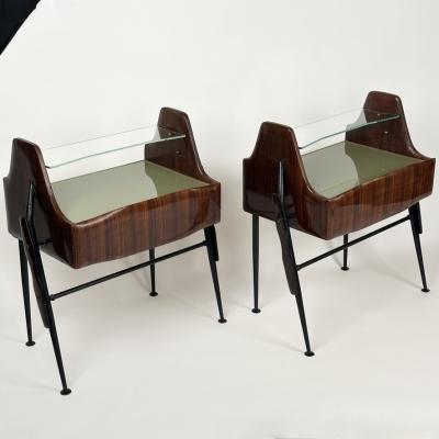 1950s Pair of Italian Wood Opaline Glass Iron Brass Night Stands w Drawer