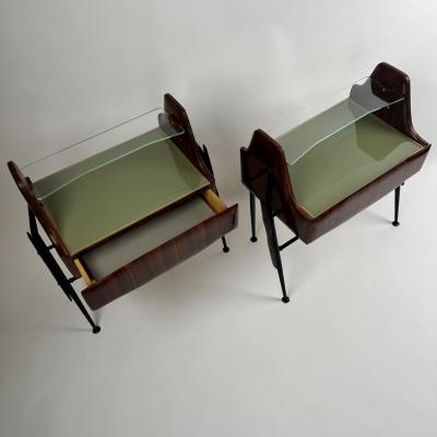 1950s Pair of Italian Wood Opaline Glass Iron Brass Night Stands w Drawer