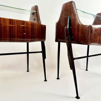 1950s Pair of Italian Wood Opaline Glass Iron Brass Night Stands w Drawer