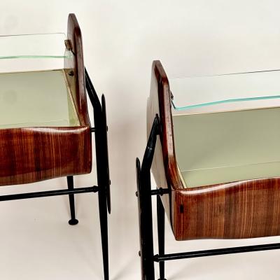 1950s Pair of Italian Wood Opaline Glass Iron Brass Night Stands w Drawer