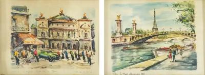 1950s Parisian Scene of La Seine and Cafe de la Paix Prints Pair