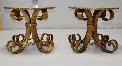 1950s Scrolled Gilt Iron French Side Tables With Onyx Resin Tops
