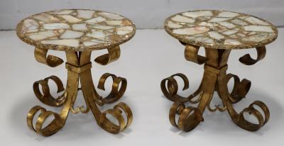 1950s Scrolled Gilt Iron French Side Tables With Onyx Resin Tops