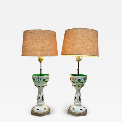 1950s Sculptural Table Lamps Bohemian Czech Case Glass Floral Paint