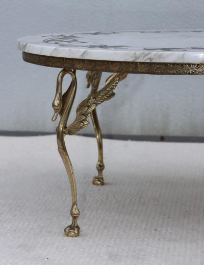 1950s Solid Brass Swan Legs Italian Coffee Table With Inlay Carrara Marble Top