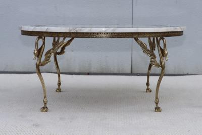 1950s Solid Brass Swan Legs Italian Coffee Table With Inlay Carrara Marble Top