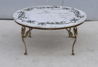 1950s Solid Brass Swan Legs Italian Coffee Table With Inlay Carrara Marble Top