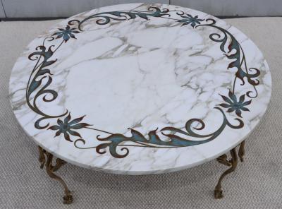 1950s Solid Brass Swan Legs Italian Coffee Table With Inlay Carrara Marble Top