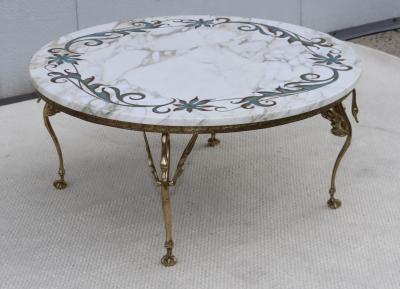 1950s Solid Brass Swan Legs Italian Coffee Table With Inlay Carrara Marble Top