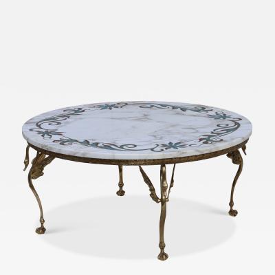 1950s Solid Brass Swan Legs Italian Coffee Table With Inlay Carrara Marble Top