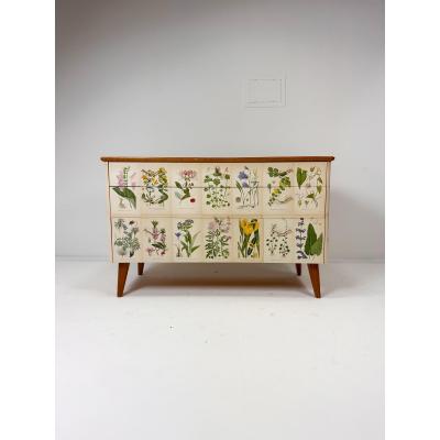 1950s Swedish Dresser With Nordens Flora Illustrations