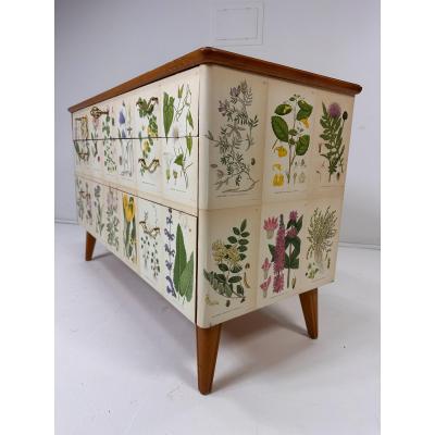 1950s Swedish Dresser With Nordens Flora Illustrations