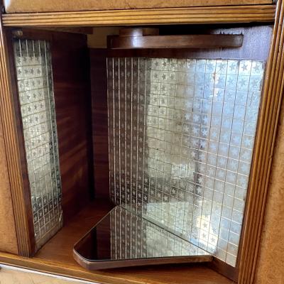 1950s Vintage Italian Maple Burl Wood Cabinet Bar with Cream Leather Panels