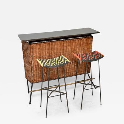1950s Vintage Woven Rattan Bar Stools