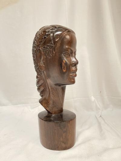 1950s carved pear wood sculpture showing an African woman head