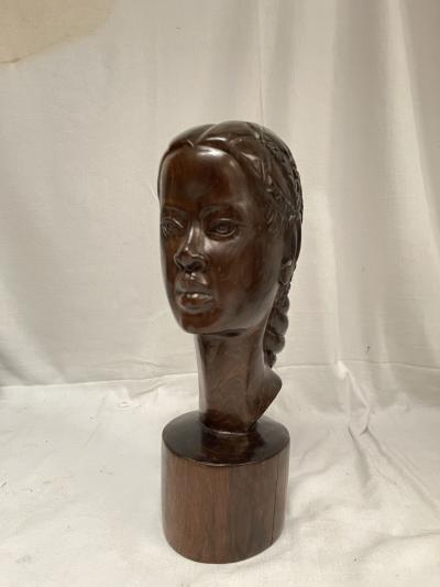 1950s carved pear wood sculpture showing an African woman head