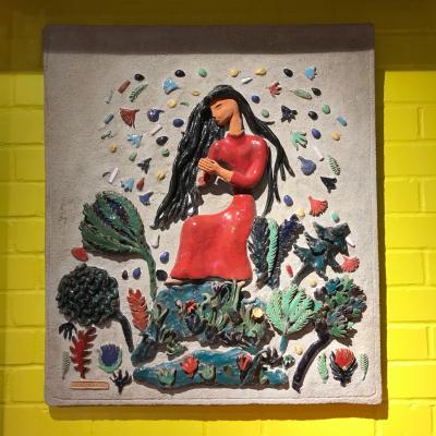 1950s frieze by Violette Vana concrete and pottery