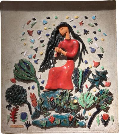 1950s frieze by Violette Vana concrete and pottery