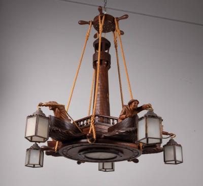 1950s wooden maritime hanging light France
