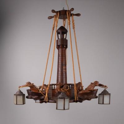 1950s wooden maritime hanging light France